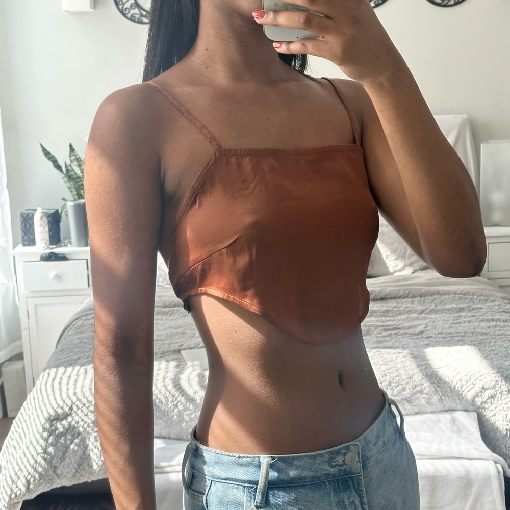 Noisy May Brown Satin Spaghetti Strap Crop Top - Picture 1 of 8